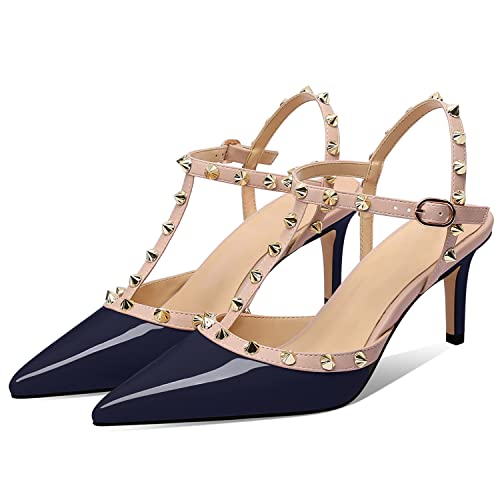 Image of XINIUNIU Studded Heels for Women Kitten Heels with Studs Stiletto Sandals with Rivet Ankle Strap Patent Leather Pointy Toe 2.5 Inch Party Daily Wear Evening Sandals