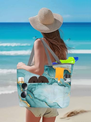Mesh Beach Bag Oversized Tote Bags for Women Teal Marble Gold Foil Large Travel Pool Bags with 8 Pockets3