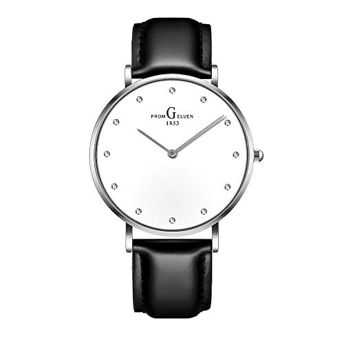 Mens Watches Black Ultra Thin Minimalist Waterproof Leather Wrist Watch for Men Gents Luxury Business Fashion Casual Simple Dress Rhinestone Classic Analogue Quartz Watches Unisex (Silver White)
