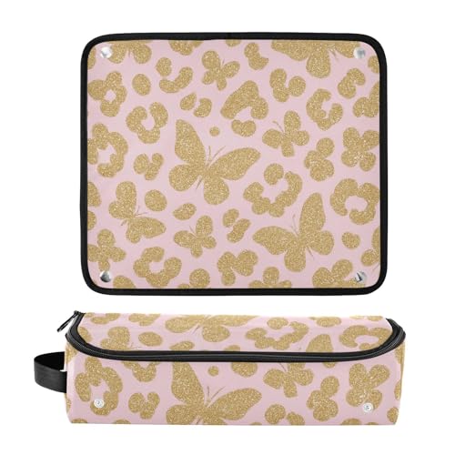 Bolsa de viaje para herramientas de cabello con tapete para planchas, doble capa, estampado dorado con leopardo y elementos de mariposa miniatura 3