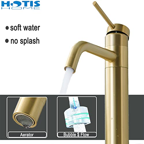 Hotis Gold Vessel Sink Faucet, 360 Swivel Brushed Gold Vessel Faucet, Single Handle Tall Body Farmhouse Vessel Faucet, Bathroom Faucets For Sink 1 Holewith Pop Up Drain #TOP1