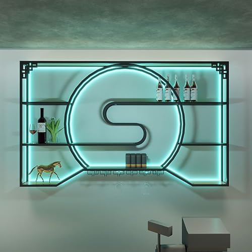 Botellero de pared con luz LED con colgador para copas de gran capacidad, estante de exhibición para botellas de licor para barras del hogar, color azul, 120 x 20 x 100 cm