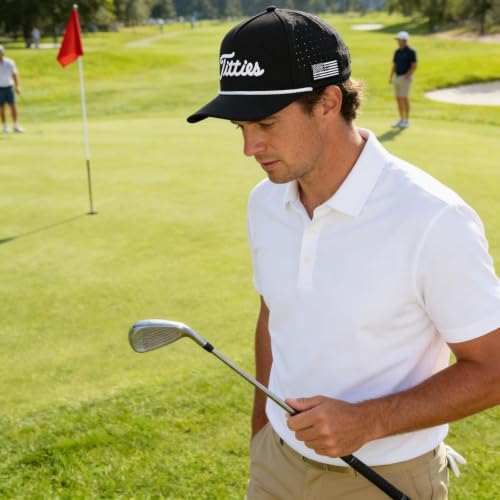 Image of Curves & Clubs Titties Golf Hat, Funny Rope Snapback for Men with USA Flag, Breathable Performance Golf Cap