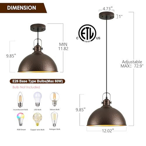 Refice-Farmhouse-Pendant-LightsHammered-Metal-Shade-Oil-Rubbed-Bronze-Matte-Pendant-Lighting-for-Kitchen-Island-Industrial-Adjustable-Height-Hanging-Light-Fixtures-for-Barn-Dining-Room-2-Pack Refice Farmhouse Pendant LightsHammered Metal Shade Oil Rubbed Bronze Matte Pendant Lighting for Kitchen Island Industrial Adjustable Height Hanging Light Fixtures for Barn Dining Room 2 Pack