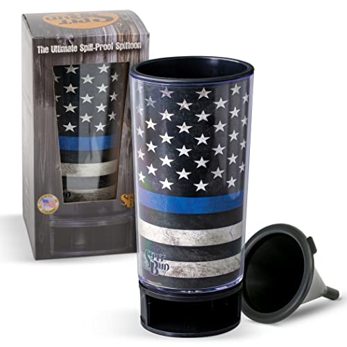 Spit Bud Blue Lives Matter The Ultimate Spittoon for Chew - Portable Dip & Snuff Cup with Lid Pop Tab Spill-Proof Funnel Can Cutter & Holder - Fit in Cup Holders - Holds 8oz - Made in USA