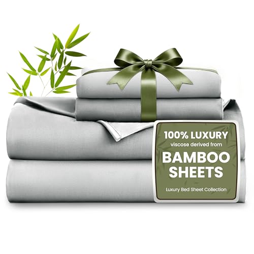 Image of Love's cabin 4 Piece Queen Sheet Set, 100% Rayon Derived from Bamboo, Cooling & Breathable, Soft Silky Deep Pocket up to 16 inch, Hotel Luxury Bedding for Hot Sleepers, Light Grey