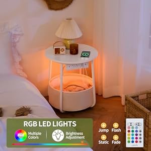 Yoobure Small Side Table LED Night Stand with Charger Station Round End Table Side Tables Living Room with Fabric Basket Bedside Table End Tables Bedroom Storage Accent Table for Small Spaces
