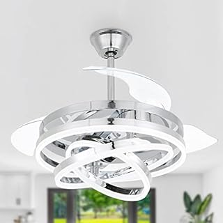 Dawn Whisper 42 Inch Retractable Ceiling Fan, Geometric Circled Silent DC Motor Reversible Ceiling Fan, 6 Speed, 3 Color Change, Timer, Chrome Retractable Blade Ceiling Fan with Lights for Bedroom