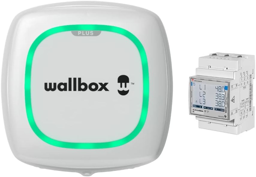 Wallbox Pulsar Plus electric vehicle charger in white, alongside a Wallbox Power Meter.