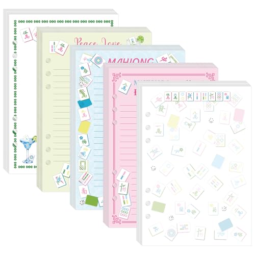 100 Sheets Mahjong A5 Filler Paper, Mahjong Lovers 6 Hole Loose Leaf Notebook Refill, 120GSM Thick Lined Pages with Cocktail & Bamboo Design for Journal, Planner, Office & Daily Use