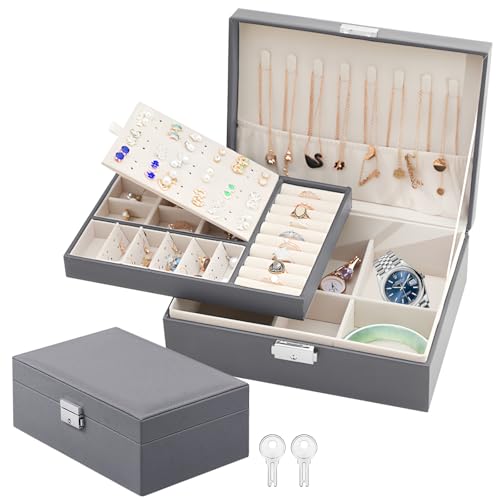 KOLAKO Joyero, organizador de joyas de 2 capas para mujeres y niñas, piel sintética, gran estuche de almacenamiento de joyas con cerradura, para collares, aretes, pulseras, anillos, accesorios, joyero