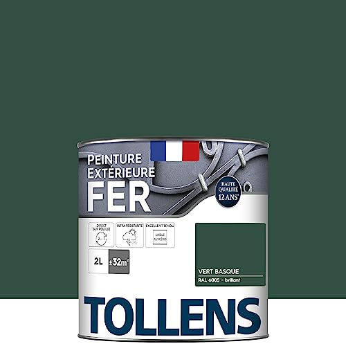 Tollens - Peinture extérieure fer 2 en 1 - Ultra Résistante - Protection antirouille - Laque Riche en Résine - Sans Sous-Couche - Entretien Facile - Brillant - Vert Basque - 2L = 32m2