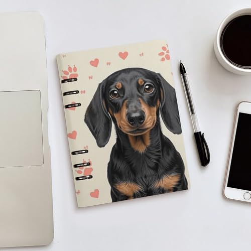 Cuaderno A5 de piel sintética premium y 6 anillas con grabado de perro salchicha 5