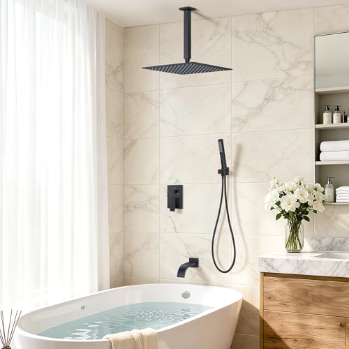 FAROLAN Shower System with Tub Spout, Ceiling Mounted Bathtub Shower Faucet Set, 12" Rainfall Shower Head and Handheld Shower Combo, High Pressure Shower Fixtures Set with Rough-in Valve, Matte Black by FAROLAN - Used condition - Image 7