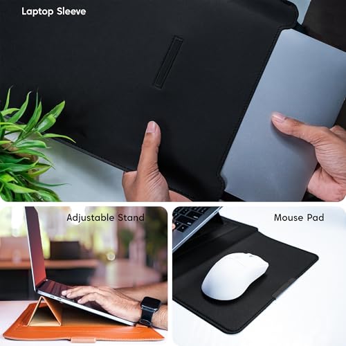 Image of TECHIE 3-in-1 Laptop Sleeve for 13-14 inch Laptops Classic Brown PU Leather Sleeve Convertible Stand Mouse Pad with Accessories Pouch