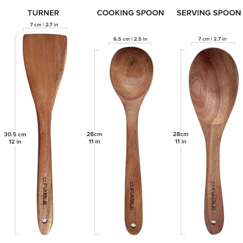 Image of FiABLE Pure Neem Wood Spatula Set for Cooking, Baking and Mixing - No Harmful Polish, Naturally Antimicrobial and Non-Stick - Turner, Spoon, Serving Spoon - Set of 3