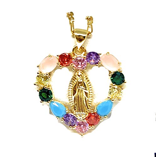 Fran & Co. Gold Plated Virgin Mary Colorful Heart Pendant Necklace 20  Chain Virgen de Guadalupe Medalla Oro Laminado