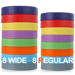 16 Pack Plastic Mason Jar Lids Fits Ball, Kerr & More – 8 Wide Mouth & 8 Regular Mouth – Colored Storage Caps for Canning Jars