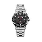 DETAILS: WENGER Roadster Black Night Chrono Herren-Uhr, Gehäuse-Ø 44 mm, Bandanstoßbreite 20 mm, Höhe 12 mm, Gewicht 150 g, Analog-Quarz-Uhrwerk, Edelstahl-Armband, 3 Jahre Garantie, Ziffernblatt: Schwarz, Armband: Silber, Artikel-Nr. 01.1841.104