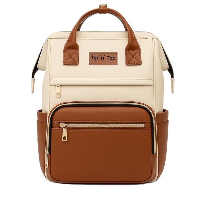 Image of Tip 'n' Top Baby Diaper Bag Backpack for Moms & Dads | Multi-Function Waterproof Baby Bag | Large Capacity with Insulated Pockets | Stylish Maternity Backpack for Travel & Daily Use (Brown and Cream)