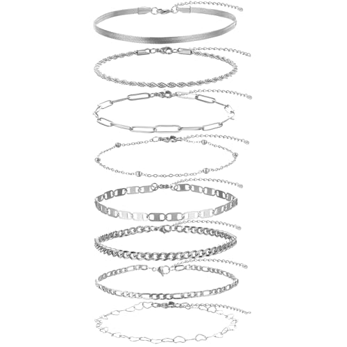 yipima Gold Anklet for Women Men 14K White Gold Plated Stainless Steel Anklets Set for Women Waterproof Cuban Figaro Rope Paperclip Beaded Snake Mariner Chain Ankle Bracelet (8pcs-white)