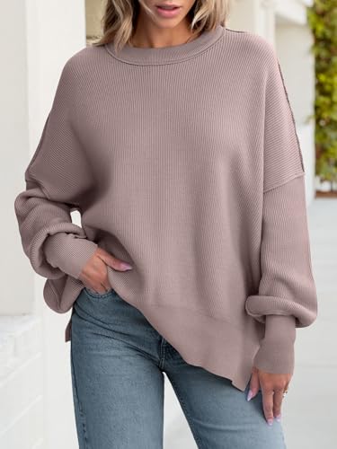 Image of ANRABESS Women Oversized Sweaters Batwing Long Sleeve 2026 Fall Outfits Crewneck Casual Knit Side Slit Fashion Pullover Top