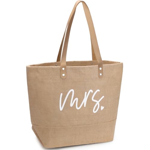 KPX Jute Tote Beach Bags, Summer Beach Gifts for Bride, Bride-To-Be, Mrs on Bridal Shower Bachelorette Party, Wedding Mrms Jute Style