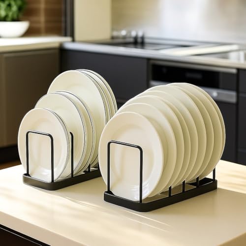 Image of Small Plate Stand Rack - Pack of 2 Black Iron Dish Rack Organizers for Countertop, Space-Saving 5-Slot Kitchen Plate Holder, 8.25 inch L x 5 inch W x 4.5 inch H