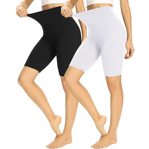 HIPOWER 2er Pack Radlerhose Damen High Waist Kurze Sport Shorts Tights Wanderhose Blickdicht Unterhosen Bauchweg Sommer Outfits Leggings Gym Yoga(Schwarz+Weiß,XXL)