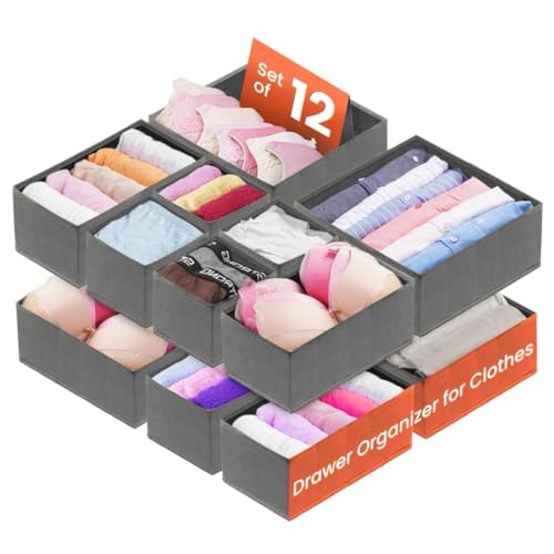 RFAQK Dresser Drawer Organizers Clothes - 12 Pack Underwear Organizer for Nursery and Baby Clothes - Closet Dividers and Storage Bins for Bra, Towels, Socks, Pants, Belt, Tie
