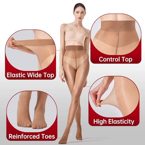 Image of Shiny Pantyhose for Women Shimmer Sheer Tights Silk Oil High Waist Stockings