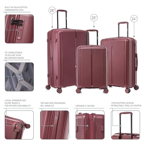 DUKAP AIRLEY 3 PCs Expandable Hard Shell Luggage Set | 20, 24, 28 in TSA Approved Hard Shell Travel Suitcases with Combination Lock, Spinner Wheels, Retractable Trolley, and Gel Handles | Wine3