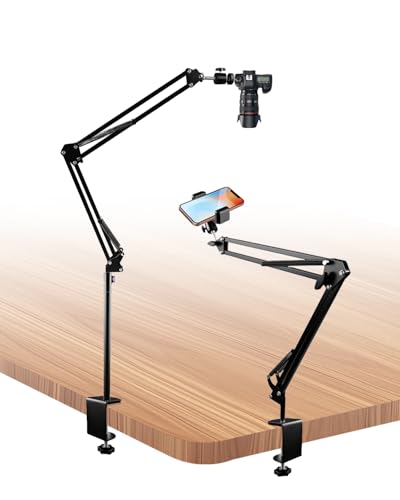 Overhead Camera Mount for Desk, Heavy Duty Adjustable Arm Stand for Phone Webcam DSLR Ring Light, Budget-Friendly Desk Camera Mount for Live Streaming Photography