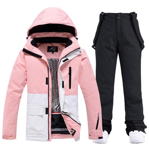 ALSOGO Conjunto de casaco de esqui e calças de esqui para mulher, fato de esqui de 2 peças, fato de neve de 10.000 mm, impermeável, quente, casaco de inverno com capuz desmontável para