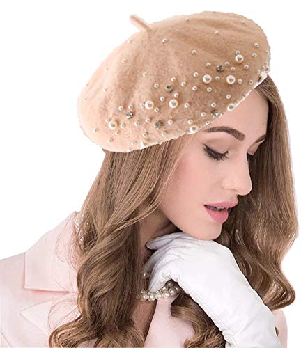 seven wolves Lady French Beret Soft Wool Beret Floral Dress Beanie Winter Hat for Party Festival Outdoor Accessory, Beige 1 seven wolves Lady French Beret Soft Wool Beret Floral Dress Beanie Winter Hat for Party Festival Outdoor Accessory, Beige 1