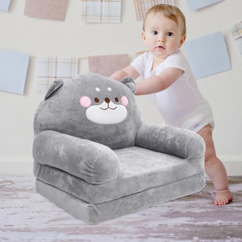 Miniatura 7 de Hemobllo Sillón Infantil Plegable 2 En 1, Sofá Cama Para Niños Con Diseño De Oso Lindo, Asiento De Felpa Suave Y Funda Lavable Para Dormitorio, Sala De Juegos Y Guardería - Gris