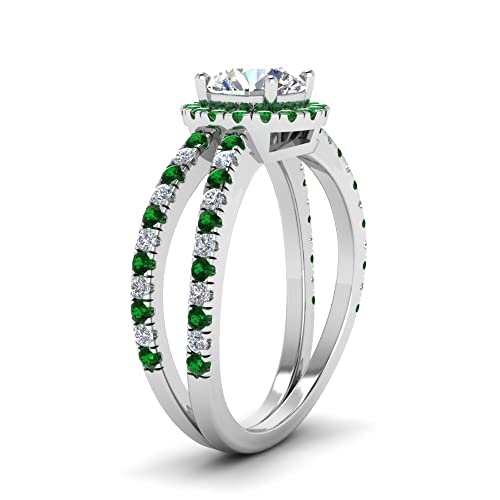 Image of 55Carat Reverse Split Shank Halo Diamond Ring Sterling Silver Created Emerald Round Shape Green Color Halo Engagement Rings Prong Setting in Size 7 Party Wear Daily Wear Ornament