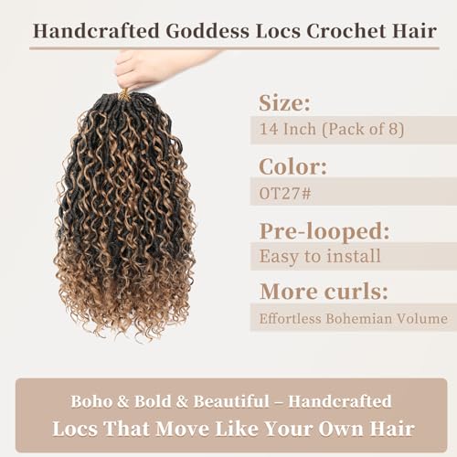 Image of 8 Packs Curly Boho Braids Faux Locs Crochet Hair, 14 Inch Goddess Locs