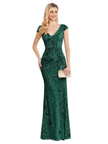 Image of Womens Sequined Long Evening Gown Glamous Sleeveless V-Neck Mermaid Prom Dress for Wedding Party Club Occasions