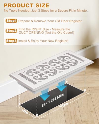4x10 Floor Register Vent Cover – Heavy Duty Walkable Floor Vent Covers for Home Floor & Wall - Decorative White Thicker Metal HVAC Floor Vents with Adjustable Airflow Lever - 5 Pack - Scroll Design — view 4