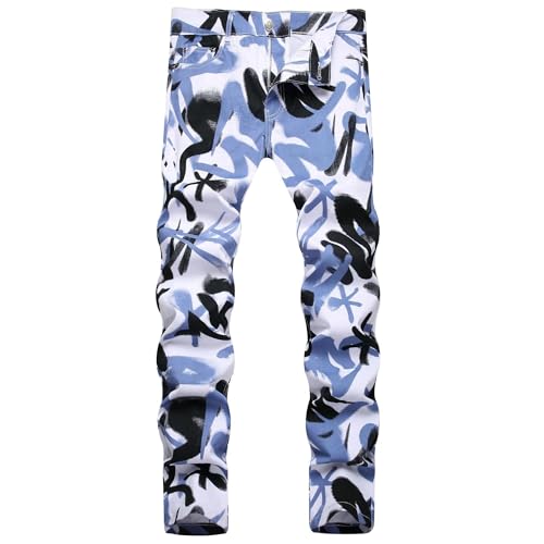 Maiyifu-GJ Printed Stretch Jeans for Men Skinny Slim Fit Casual Denim Pants Straight Hip Hop Street Wear Jean Trousers (Light Blue,38)