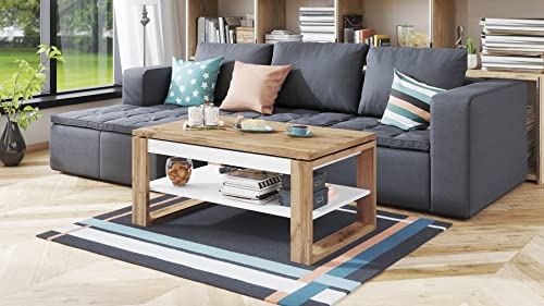 Design Couchtisch Multifunktion Arbeitstisch Tisch Nuo Ablage Esstisch, Farbe:Eiche Wotan - Weiß matt