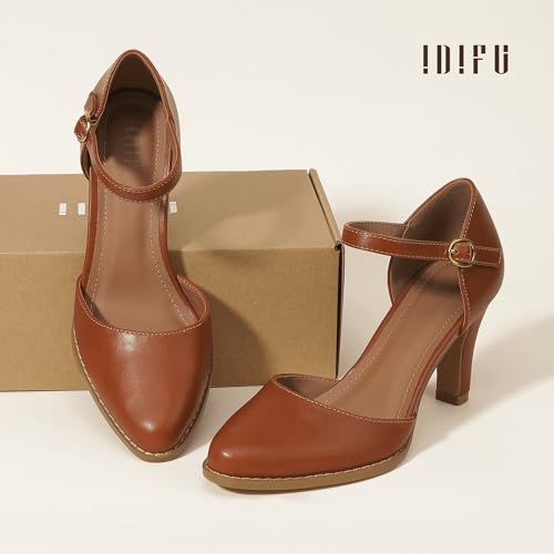 IDIFU Brown Heels Closed Toe Chunky High Heels Comfortable Dress Shoes for Women Pumps Vintage Heels Dressy Wedding Prom Bridal Party Work Office Business D\'Orsay Pumps Shoes (Brown Pu, 9)