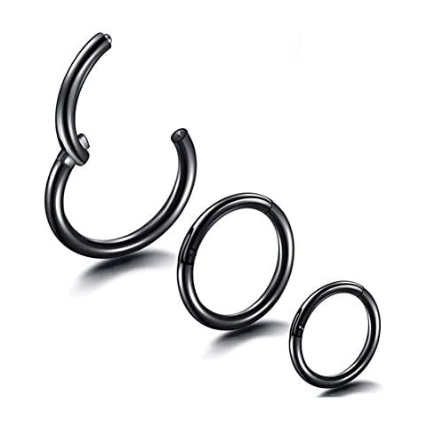 NewkeepsR 3PCS-20G(0.8mm) 5/6/7mm Black Anodized Hinged Clicker Nose Hoop Ring 316L Steel Seamless Segment Sleeper Earrings Piercing Cover