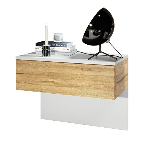 Vladon Mesita de Noche Sleep, Cómoda de Noche con Cajón para Montaje en Pared, Blanco Mate/Roble Natural (60 x 46 x 35 cm)