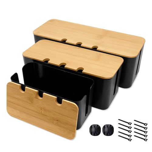Zyluniy 3 Piezas Caja Organizadora de Cables con Tapa de Bambú | Caja de Gestión para Regletas, Cargadores y Cables Sueltos | Ideal para Escritorio, Mesa y TV|Kabelmanagement Box para Ordenar y Oculta