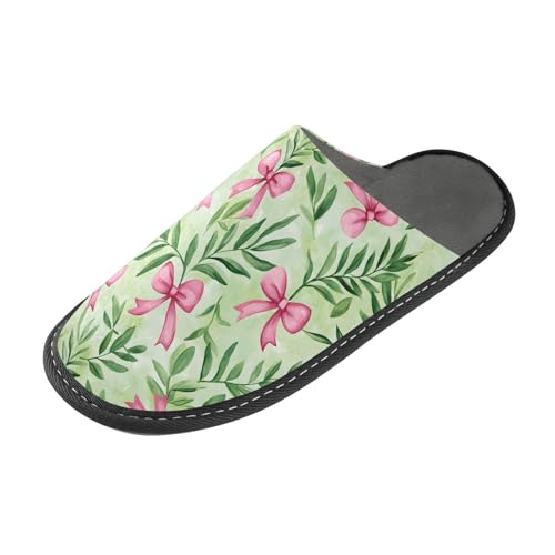 Slippers for Women Pink Bow Green Leaf Pattern Soft Winter Warm Shoes Indoor Outdoor Non-Slip House Travel Slippers2