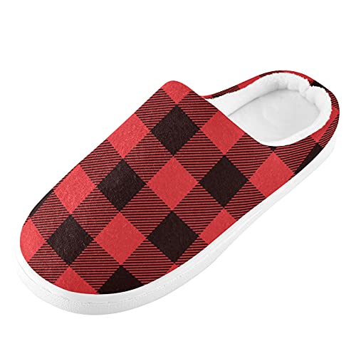 linqin Buffalo Plaid Red Black Womens Mens Cozy Fuzzy Slippers, Soft Warm Lightweight Memory Foam Anti-Slip House Indoor Outdoor Slippers
