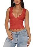 REORIA Womens Summer Tops Sexy V-Neck Sleeveless Double Lined Fashion Going Out Y2K Tank Tops Trendy Lace Slimming Crop Tops for Teen Girls Rusty Red Medium