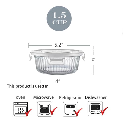 Image of H.JSS WDJS 1.5 cup Round Glass Food Storage Containers with Lids, 12oz Small Glass Meal Prep Containers set, Heat-Resistant BPA-Free Round food bowl for Leftover. Microwave, Dishwasher & Freezer Safe